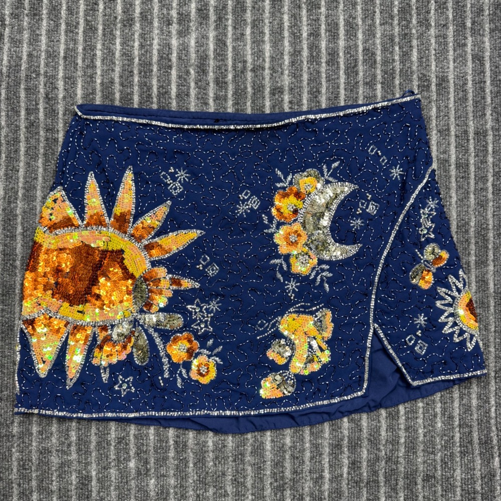 ASOS DESIGN Mini Skirt 12 Navy New Celestial Sequin Beaded Sun Moon (2208)